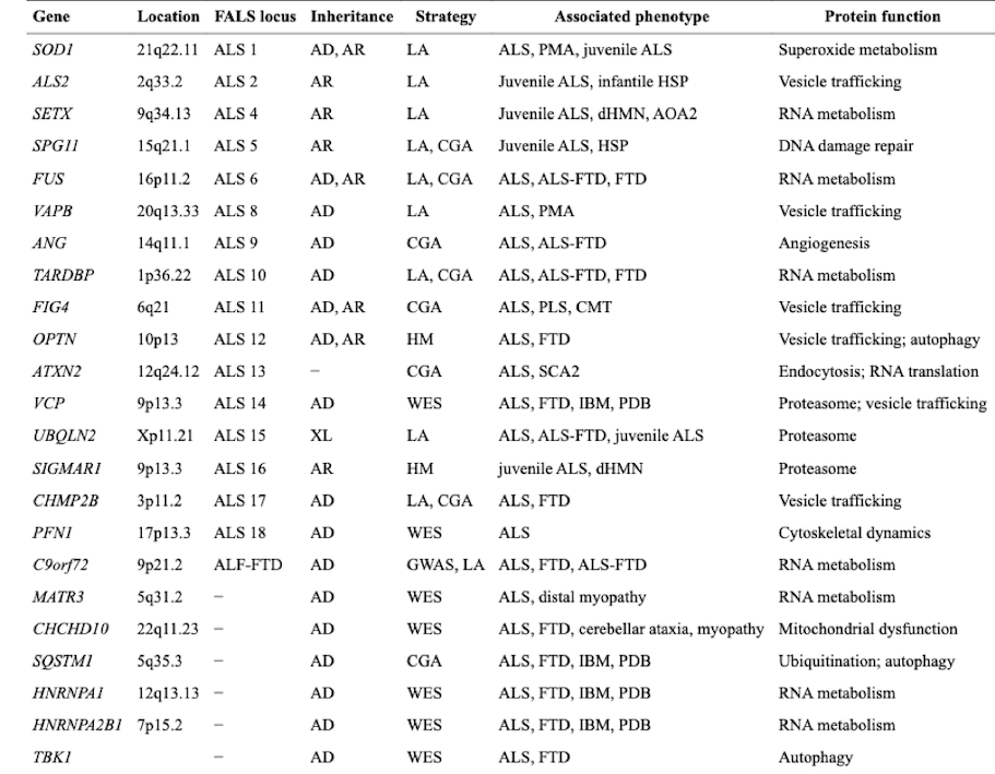 Summary of genes linked to Amyotrophic Lateral Sclerosis (ALS)
